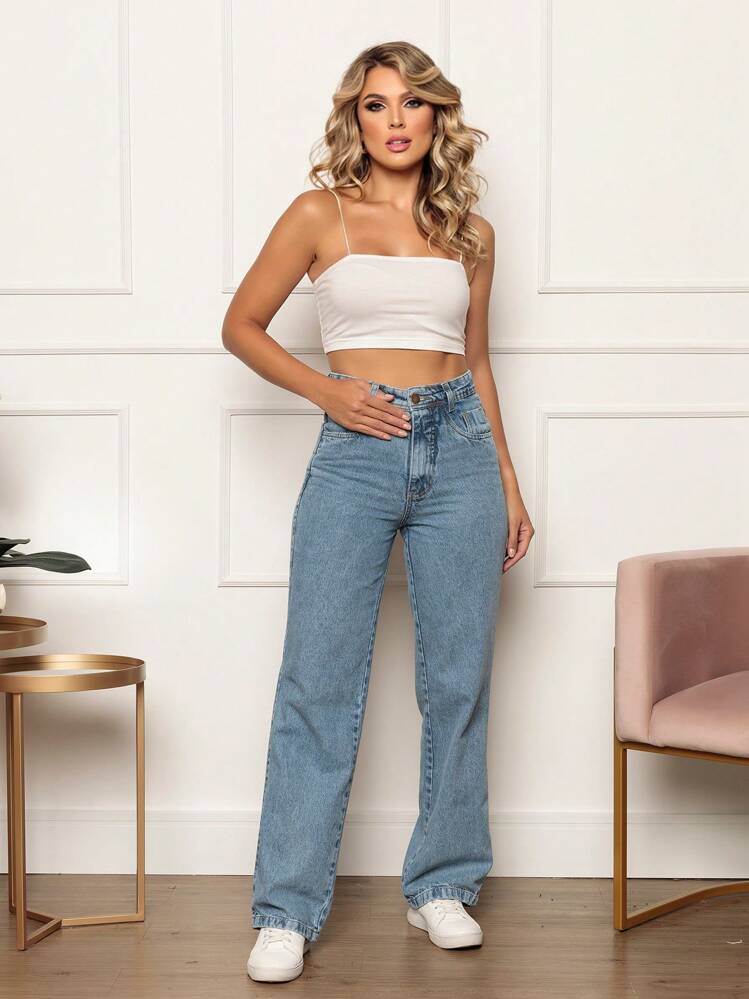 Calça Jeans Feminina Wide Leg Pantalona Boca Larga Sem Lycra Premium Boca de Sino Verão Elegante Sofisticada - Lavagem Média - Visão 4