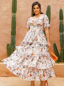 Vestido Largo Falda En Capas Tul Estampado Floral Moda Modesta Cresta Elegante - Blanco - Ver 1