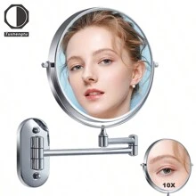 Tushengtu 8in Silver-Colored Metal Double-Sided Makeup Mirror With 10x Magnification, Wall-Mounted Design For Bathroom And Bedroom Use. The Mirror Is Rotatable And Foldable, Suited For Multiple Scenarios - Silver - View 2