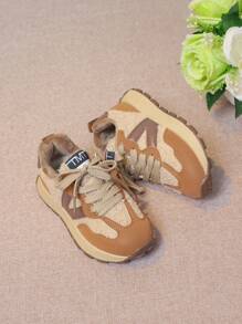 1對女孩和男孩穿著舒適的溫暖絨毛鞋,圓頭,平底,防滑,休閒,運動鞋具有色彩碰撞設計 - 卡其色 - 查看 5