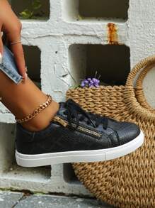 女款戶外休閒綁帶運動鞋，舒適百搭，帶拉鍊設計 - 黑色 - 查看 5