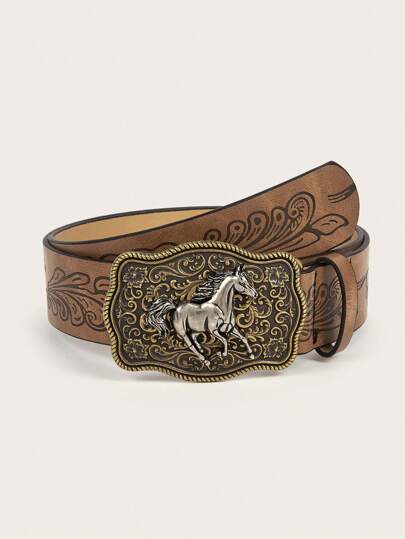 Boho 1pc Women's Western Cowgirl Style Pu Belt With Horse Head Buckle, Suitable For Daily Wear With Pants Halloween Summer, School Fall, Autumn, Halloween