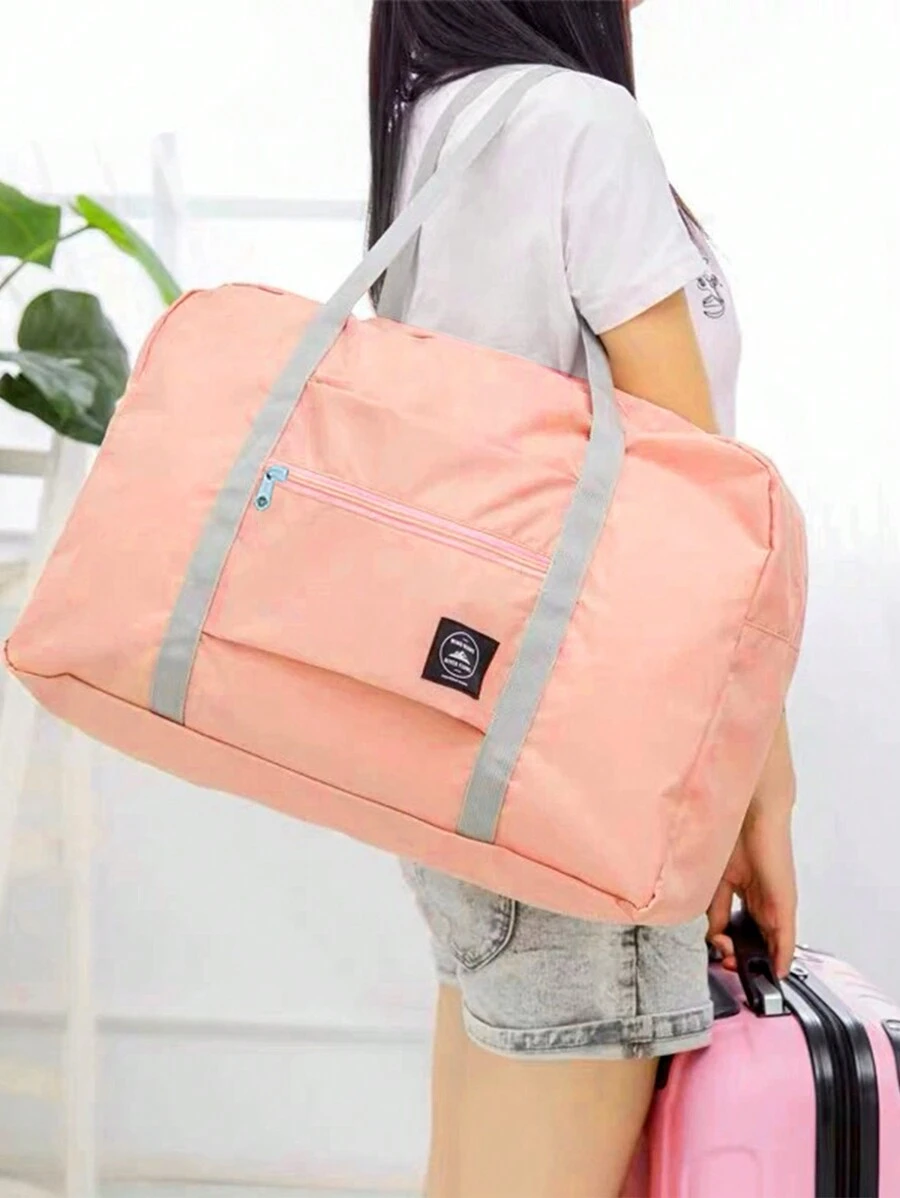 1pc Letter Patch Decor Foldable Storage Bag, Modern Polyester Travel Storage Bag For Home - Pink - View 1