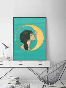 1入復古藝術畫布海報，女子與新月黃月光接吻畫布油畫，古董牆藝術畫布海報，浴室臥室辦公室客廳家居牆壁裝飾油畫，不包含畫框 - 彩色 - 查看 3