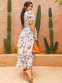 Vestido Largo Falda En Capas Tul Estampado Floral Moda Modesta Cresta Elegante - Blanco - Ver 3