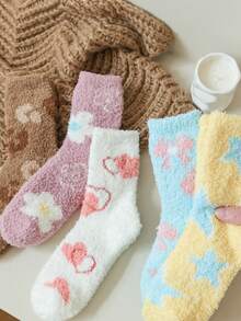 5 雙裝女用加厚毛絨幾何圖案珊瑚絨中筒襪適合秋冬休閒日常穿著 - 彩色 - 查看 4