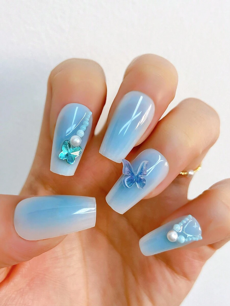24pcs Medium Size Coffin Shape 3d Butterfly Light Blue Blush Full Coverage False Nails+1pc Jelly Gum+1pc Nail File Set - Blue and White - View 1