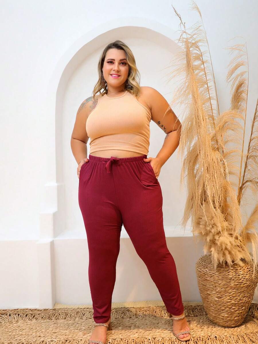 Plus Size Pants - 酒紅色 - 查看 1