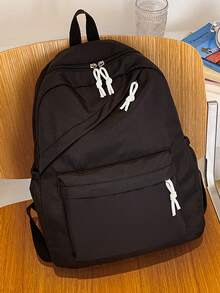 1 件装 简约纯色 女童背包 背包 青少年书包 旅行背包 休闲背包 - 黑色 - 查看 4