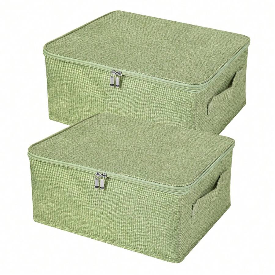 2Pcs Folding Storage Box with Zip Lid, Storage Basket with Linen Fabric, Home Cubes Baskets Closet Clothes Toys ORganizer Containers - màu xanh lá - Xem 1