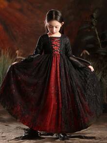 女孩高端万圣节黑色长袖薄纱连衣裙 - 黑色 - 查看 7