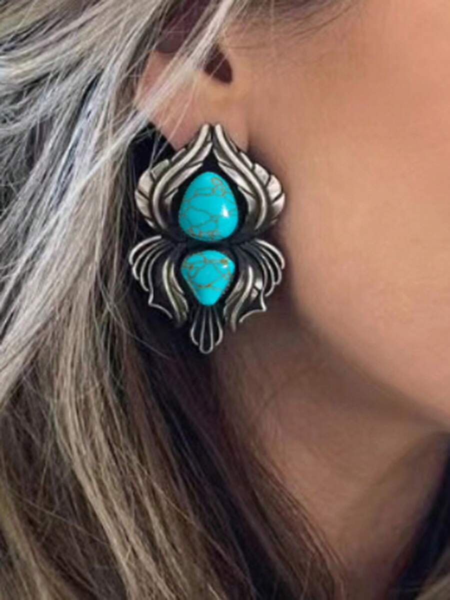 1 Par De Pendientes De Estilo Bohemio Vintage De Aleación Antigua Con Turquesa Verde - Plateado - Ver 1