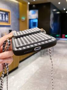 千鳥格印花皮夾式設計帶掛繩手機殼相容 15/15Pro/15Plus/15Promax - 黑與白 - 查看 5