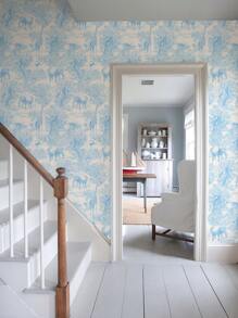 1張藍色藝術牆壁背景牆紙,戶外風景牆紙深林大象長頸鹿動物牆紙,家居裝飾牆紙 - 藍色 - 查看 4