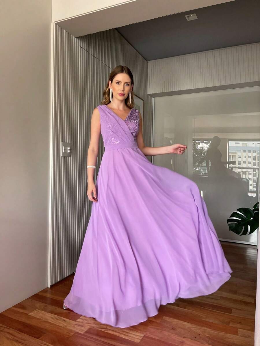 長款celines淡紫色/薰衣草色派對裙,寬肩帶和褶皺/亮片/刺繡-婚禮-伴娘-客人-畢業典禮-派對-刺繡-閃耀亮片 - 紫丁香色 - 查看 1