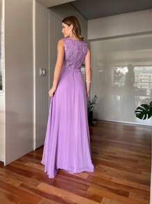 長款celines淡紫色/薰衣草色派對裙,寬肩帶和褶皺/亮片/刺繡-婚禮-伴娘-客人-畢業典禮-派對-刺繡-閃耀亮片 - 紫丁香色 - 查看 7