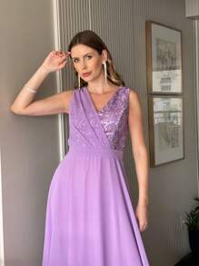長款celines淡紫色/薰衣草色派對裙,寬肩帶和褶皺/亮片/刺繡-婚禮-伴娘-客人-畢業典禮-派對-刺繡-閃耀亮片 - 紫丁香色 - 查看 2