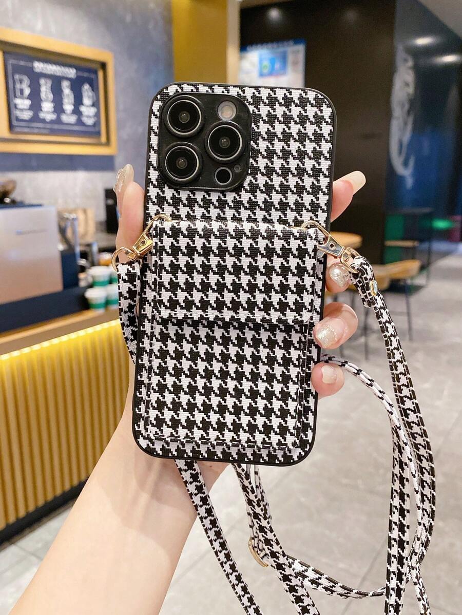 千鳥格印花皮夾式設計帶掛繩手機殼相容 15/15Pro/15Plus/15Promax - 黑與白 - 查看 1