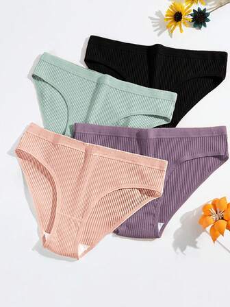 4入組女士黑色純色簡約日常三角褲，舒適透氣，高彈低腰內褲