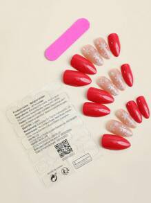 24PCS Christmas Red Almond Shaped Fake Nails Winter Shiny snowflakes and solid color fake nails collide to design Press on Nails Almond No Fade Out  Reusable Fake Nails  for Women and Girls - Multicolor - View 2