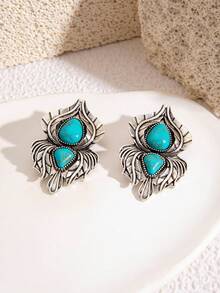 1 Par De Pendientes De Estilo Bohemio Vintage De Aleación Antigua Con Turquesa Verde - Plateado - Ver 4