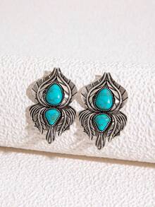 1 Par De Pendientes De Estilo Bohemio Vintage De Aleación Antigua Con Turquesa Verde - Plateado - Ver 2