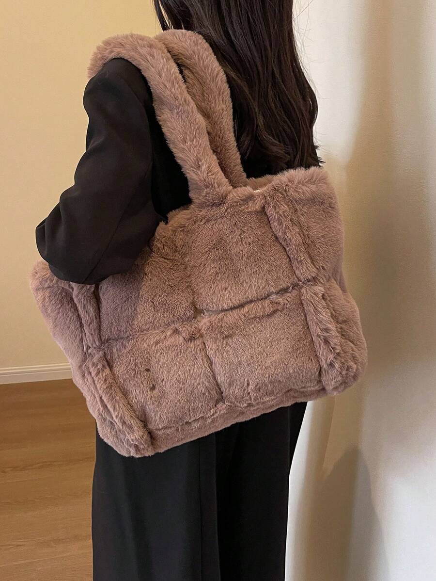 毛茸茸包包女士秋冬大容量手提包,小眾設計毛絨包單肩包 - 棕色 - 查看 1