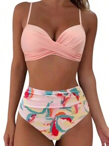 2 件套性感加厚比基尼泳衣，随机花卉图案，女士沙滩装 - 粉色 - 查看 2