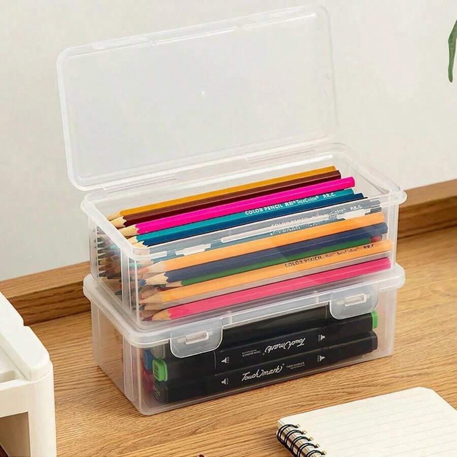 Transparent Simple Pencil Case Stackable High Capacity Student Stationery Box Multifunctional Sketch Art Brush Organizer - Apricot - View 1