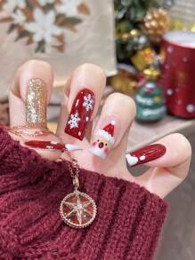 24 件圣诞按压指甲 L 方形假指甲红色法式尖头丙烯酸指甲可爱麋鹿雪花全覆盖圣诞帽假指甲套装，包含 1 件果冻胶和 1 件指甲锉，冬季圣诞节美甲装饰，适合女性女孩 - 彩色 - 查看 1