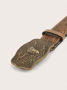 1pc Women's Retro Buckle Print Decor Belt In Antique Gold Color For Daily Use - Brown - View 4