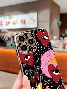 1 Vỏ Điện Thoại Mạ Điện Màu Đen Đơn Giản, Trái Tim, Trái Tim, Mắt & Anh Đào Tương Thích Với IPhone 15/14/13/12/11 - Nhiều màu - Xem 3