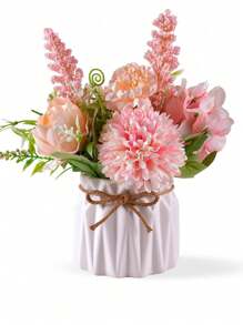 仿真花瓶插花，粉色人造盆栽，小型陶瓷花瓶仿真花卉，桌面装饰，室内家居办公皆宜，绣球花造型，适用于桌子、书架、卧室、客厅、派对等场所。 - 彩色 - 查看 7