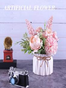 仿真花瓶插花，粉色人造盆栽，小型陶瓷花瓶仿真花卉，桌面装饰，室内家居办公皆宜，绣球花造型，适用于桌子、书架、卧室、客厅、派对等场所。 - 彩色 - 查看 2
