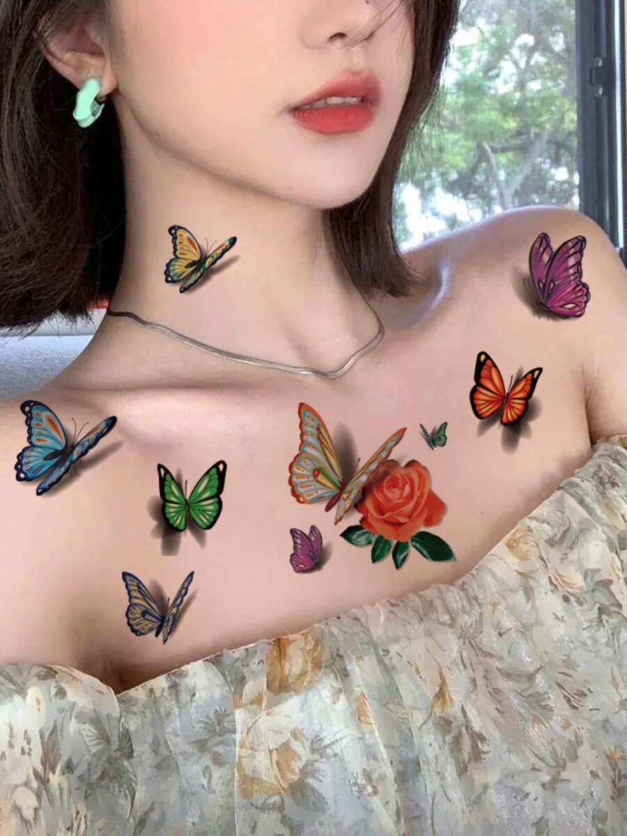 2 件裝 3d 蝴蝶、花朵、楓葉設計臨時紋身貼紙套裝女式,半永久 - 彩色 - 查看 1