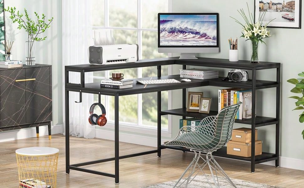 Shein Light Computer Desktop Tribesigns Reversible L Shaped Computer Desk with Storage Shelf ...
