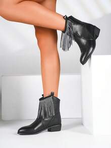 歐美風格聖誕節女短靴,尖頭設計,銀色亮片裝飾,適合鄉村風格、舞台表演或時尚秀,帶有流蘇細節 - 黑色 - 查看 7