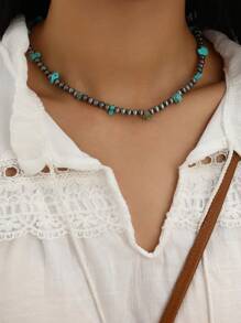 1 Pièce Collier En Perles Turquoises Et Perles De Culture Navajos Faux New Vintage Style Cow-boy , Adapté Pour Une Porter Quotidien Des Femmes
