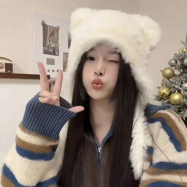 1pc Neue Bär Kaninchen Haar Kappe Für Frauen Plüsch Gestrickte Warm Kalt Beweis Ohr Schutz Winddicht Praktische Hut Mützen