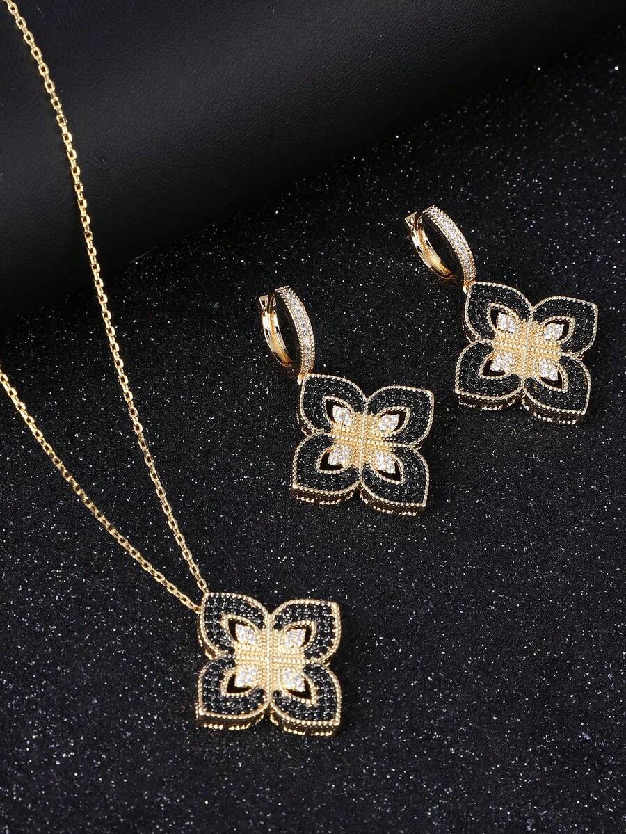 1set Black Rhinestone Decorated Necklace And Earrings Set - Black - View 1