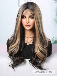 T 型蕾丝假发 合成蕾丝假发 黑色蕾丝假发 棕色挑染假发 带婴儿头发 胎毛刘海 女士 13*4*1 无胶蕾丝假发 24 英寸长卷发假发 天然优质蕾丝假发 适合日常派对 - 間色 - 查看 4