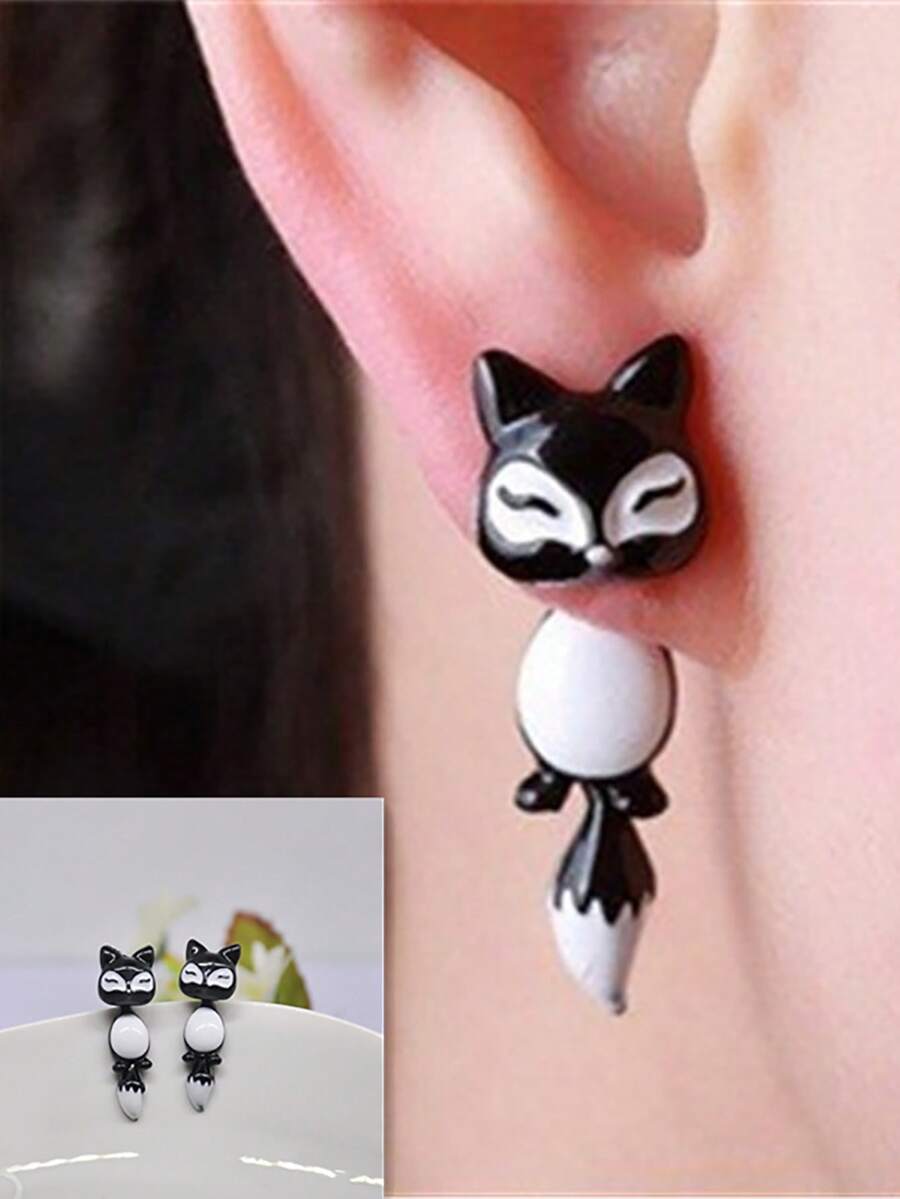 1對時尚的3d動物狐狸耳環珠寶 - 黑色 - 查看 1