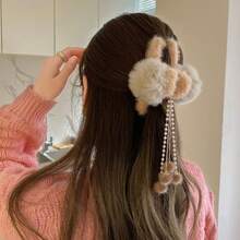 1入心型流蘇吊墜,1入毛球髮夾,1入毛絨蝴蝶爪夾,1入後頭髮爪,女士髮飾,時尚多功能