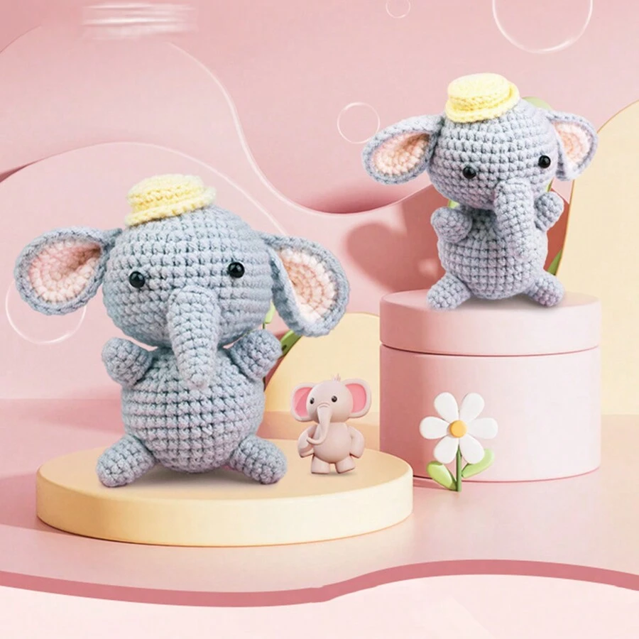 1pc Handmade Elephant Doll Material Package, Crochet Hook & Yarn Kit For Knitting - Grey - View 1