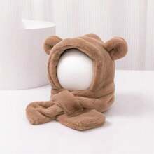 嬰兒帽子圍巾套裝,簡約的熊耳設計帽子搭配柔軟的毛絨圍巾,適用於秋冬幼兒 - 卡其色 - 查看 10