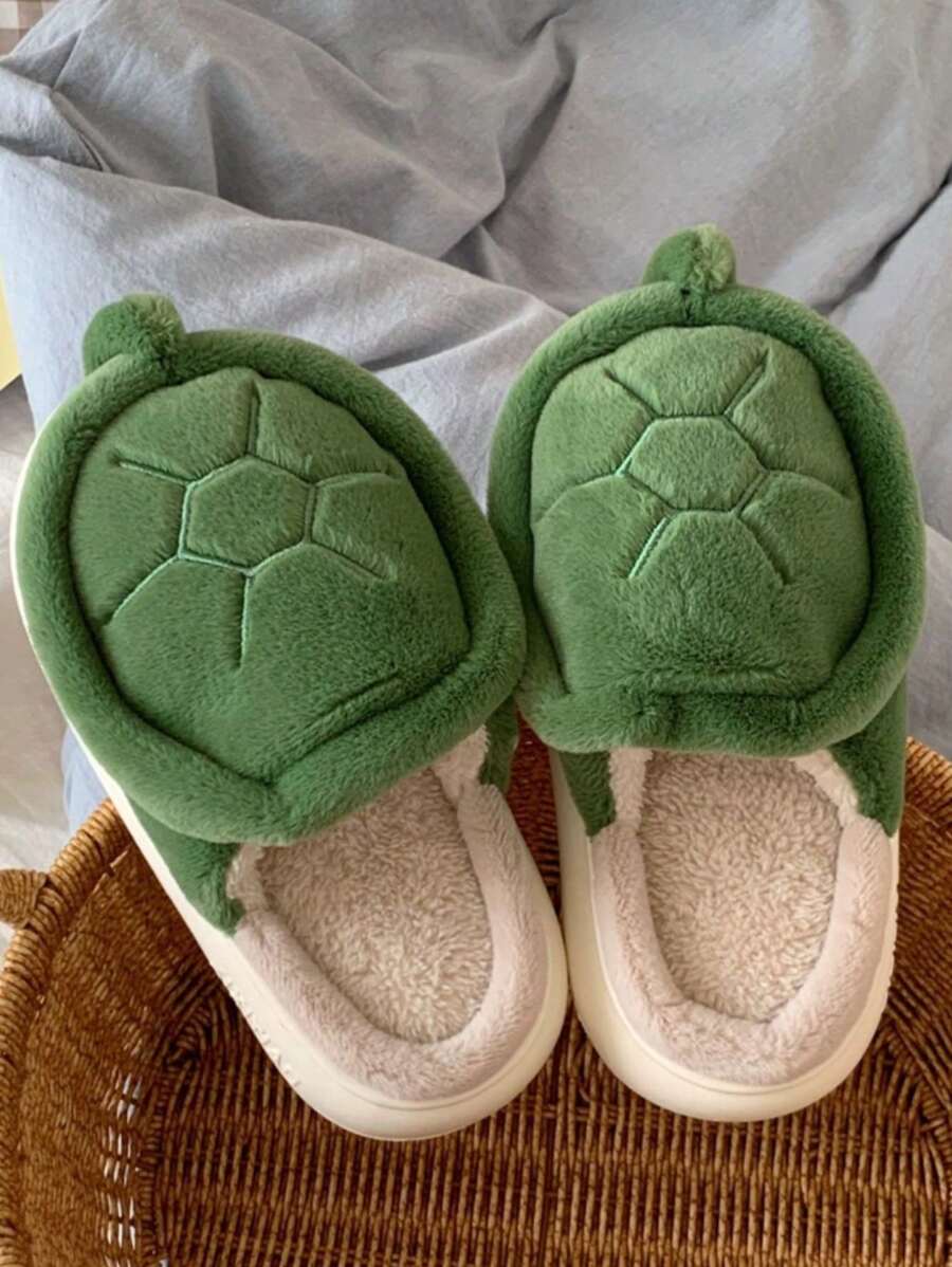Men's Casual Cute & Funny Design Tortoise Shell Pattern Plush Warm Slippers For Autumn And Winter Indoor Use - Army Green - View 1
