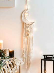 1pc Bohemian Handmade Dream Catcher Wall Hanging Decor With Led Moon Light, Lace Trim, As Mother's Day Gift, For Friends, Women, Girls, Bedroom, Living Room, Wedding Home Decor Christmas Decor Christmas Gift Thanksgiving Christmas Tree Decor Ornaments Christmas Light Bedroom Decor Home Decor Party Decor Holiday Festival Room Decor - Beige - View 3