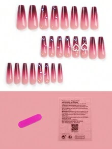 24入組/套棺材形狀彩色漸層、珍珠、心形和珠子3d設計的長美甲,適合學生、上班族、情人節、派對和日常穿搭