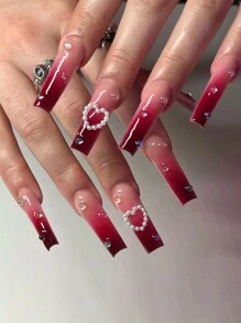 24入組/套棺材形狀彩色漸層、珍珠、心形和珠子3d設計的長美甲,適合學生、上班族、情人節、派對和日常穿搭