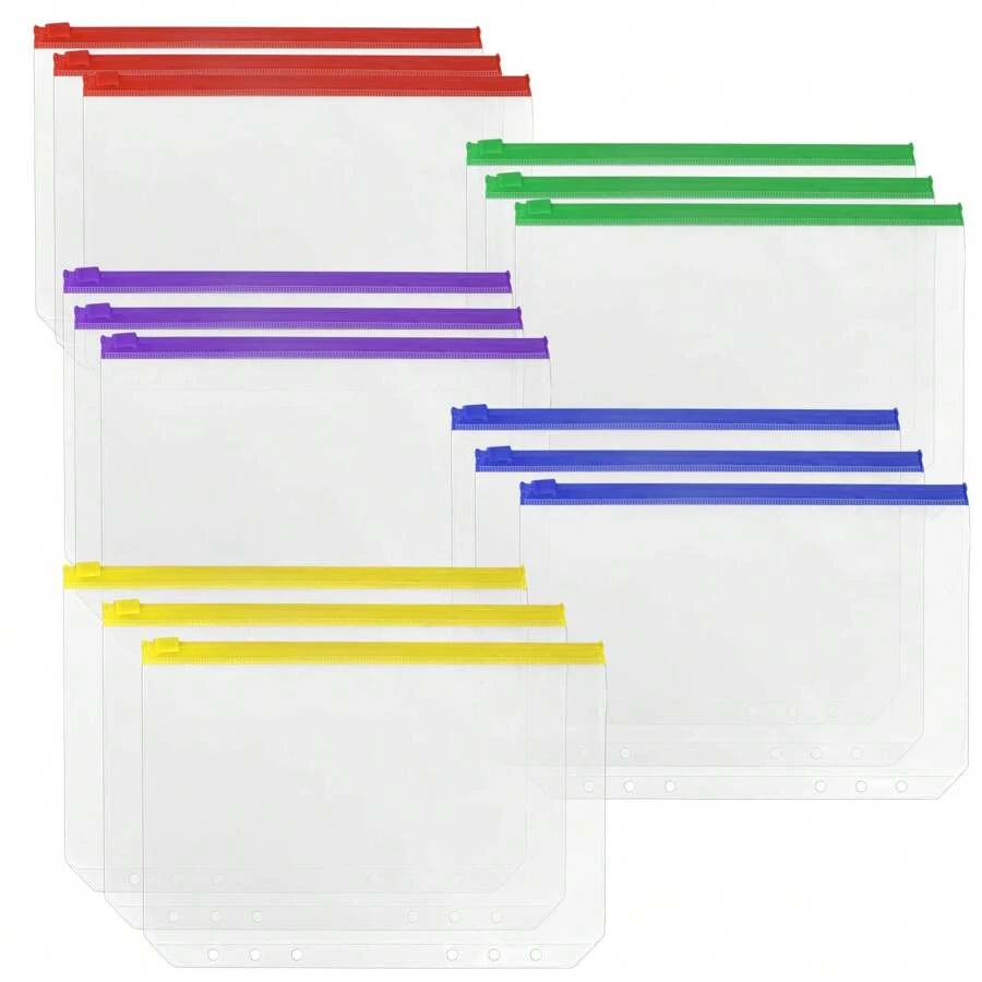 15入組a5活頁夾袋6孔打孔口袋,a5裝訂袋,a5尺寸6孔裝訂袋拉鍊夾層,適用於6環裝訂器,塑料a5透明活頁夾袋（a5） - 彩色 - 查看 1